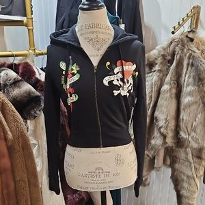 Women's Ed Hardy Black Graphic Zip-Up Cropped Jacket